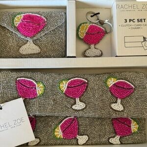 Rachel Zoe 3 Pc Set Beaded Pink Margarita Clutch purse card case&Charm NIB